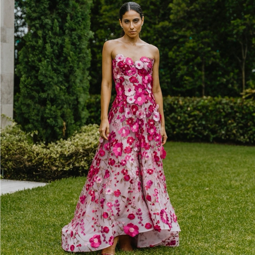Floral Strapless Pink Dress- Hand Embroddied